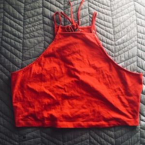 Bright red halter top with laced back